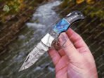 Damascus Folding Pocket Knife, Hand-Forged, 6.5″ Overall, Pakka Wood Handle, Leather Sheath - view 2