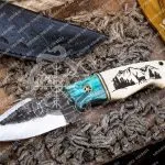 Damascus Skinner Knife — Hand-Forged, 7.75″ Overall, Bone Handle, Leather Sheath | Engraving Available