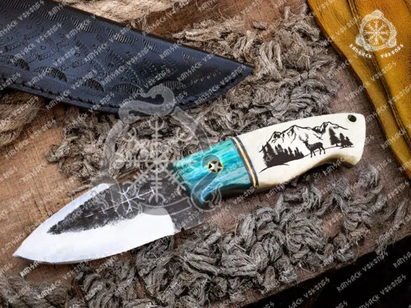 Damascus Skinner Knife, Hand-Forged, 7.75″ Overall, Bone Handle, Leather Sheath | Engraving Available