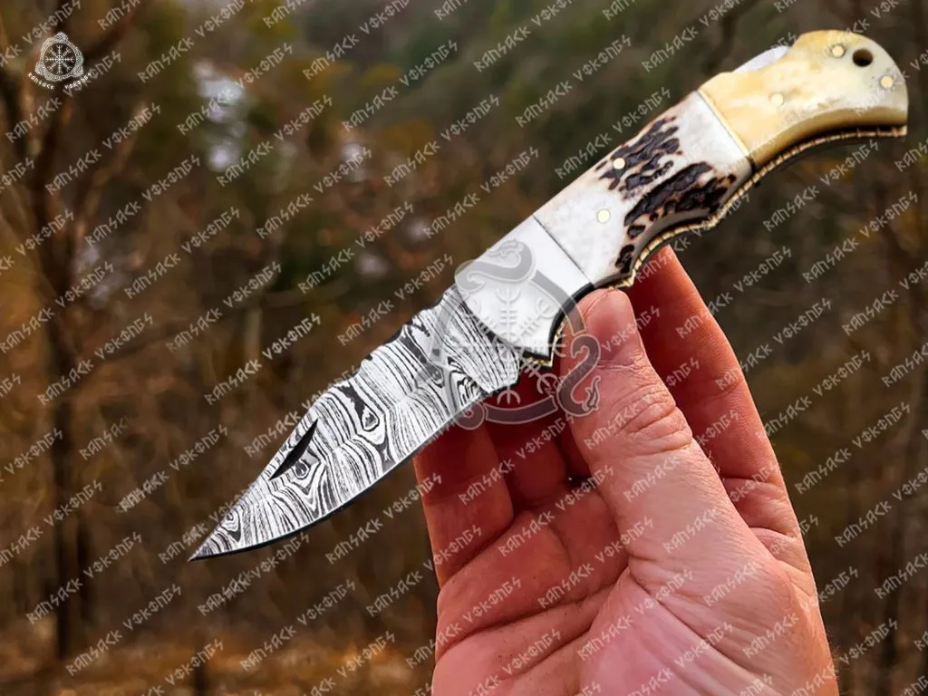 Damascus Folding Pocket Knife — Hand-Forged, 6.5″ Overall, Bone Handle, Leather Sheath - view 2
