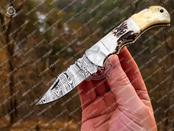 Damascus Folding Pocket Knife — Hand-Forged, 6.5″ Overall, Bone Handle, Leather Sheath - view 2