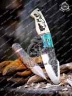 Damascus Skinner Knife — Hand-Forged, 7.75" Overall, Bone Handle, Leather Sheath | Engraving Available - Image 2