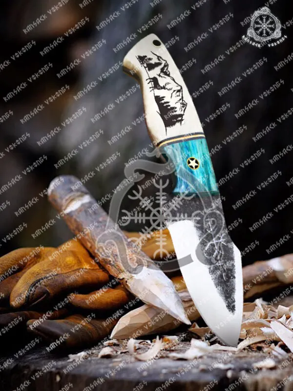 Damascus Skinner Knife, Hand-Forged, 7.75″ Overall, Bone Handle, Leather Sheath | Engraving Available - view 2