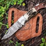 Damascus Folding Pocket Knife — Hand-Forged, 6.5" Overall, Rosewood Handle, Leather Sheath