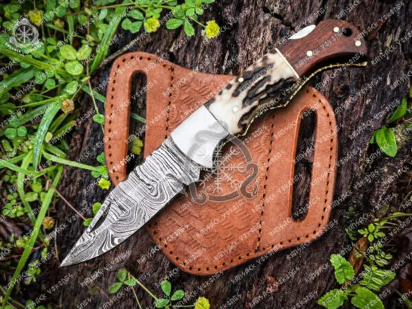 Damascus Folding Pocket Knife — Hand-Forged, 6.5″ Overall, Rosewood Handle, Leather Sheath