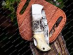 Damascus Folding Pocket Knife — Hand-Forged, 6.5" Overall, Bone Handle, Leather Sheath - Image 3