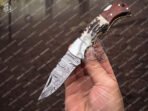 Damascus Folding Pocket Knife — Hand-Forged, 6.5″ Overall, Rosewood Handle, Leather Sheath - view 3