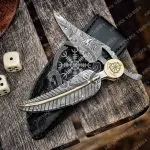 Damascus Folding Pocket Knife — Hand-Forged, 8.5" Overall, Leather Sheath | Engraving Available