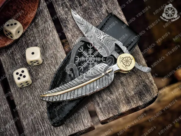Damascus Folding Pocket Knife — Hand-Forged, 8.5″ Overall, Leather Sheath | Engraving Available
