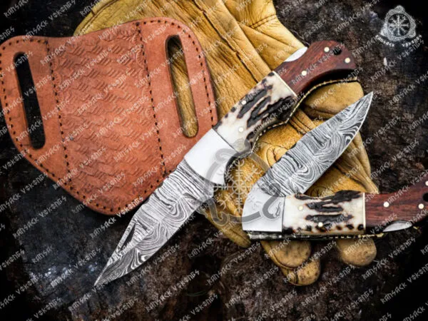 Damascus Folding Pocket Knife — Hand-Forged, 6.5″ Overall, Rosewood Handle, Leather Sheath - view 2