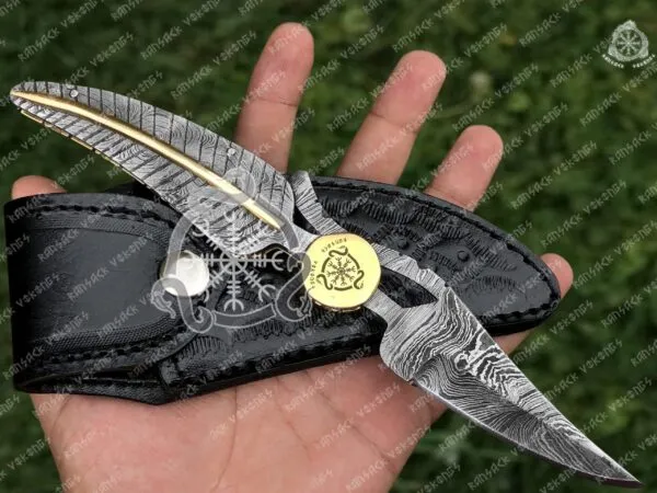 Damascus Folding Pocket Knife — Hand-Forged, 8.5″ Overall, Leather Sheath | Engraving Available - view 2