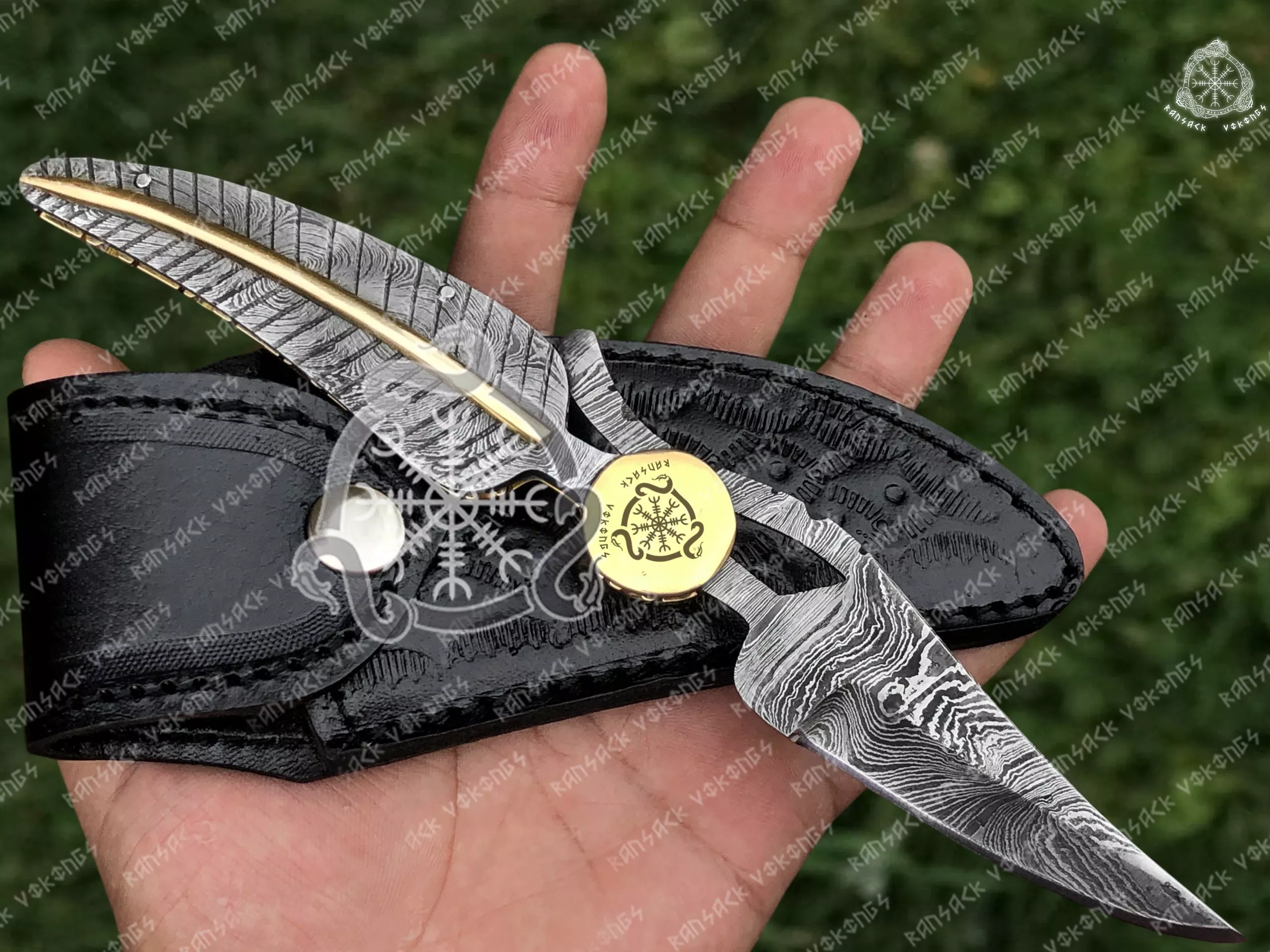 Damascus Folding Pocket Knife — Hand-Forged, 8.5″ Overall, Leather Sheath | Engraving Available - view 2