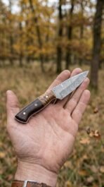 Compact Damascus skinner knife resting on an open palm in an autumn wood, walnut and dark pakka handle in view
