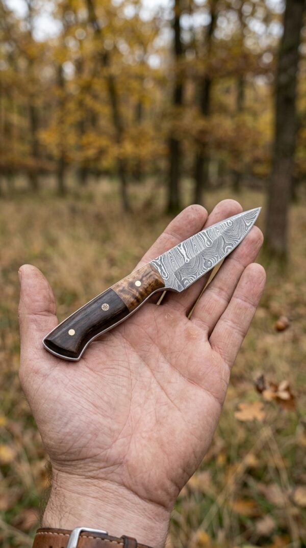 Compact Damascus skinner knife resting on an open palm in an autumn wood, walnut and dark pakka handle in view