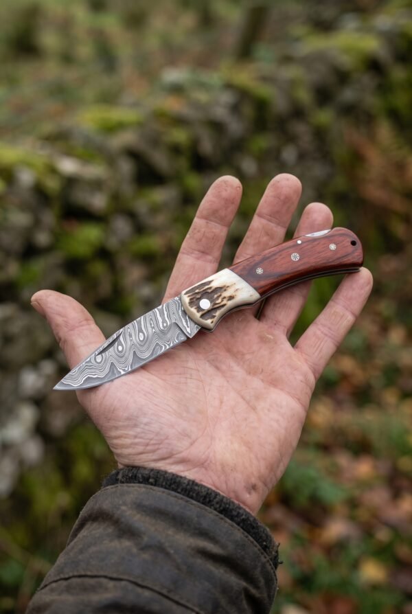 Damascus folding knife with rosewood handle and stag bolster held open in an open palm, outdoors with woodland behind