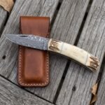 Bonecarry Hand Forged Damascus Folding Pocket Knife with Natural Bone Handle and Stag Bolsters & Cowhide Leather Sheath | Gentlemans Everyday Carry Gift | RK-373