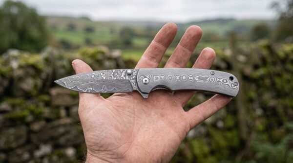 Damascus steel folding pocket knife held open across an outstretched palm in front of a mossy dry stone wall