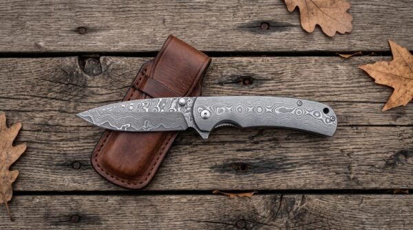Leafcarry Hand Forged Damascus Folding Pocket Knife with Damascus Steel Handle Ready for Engraving & Cowhide Leather Sheath | Everyday Carry Collector Gift | RK-375