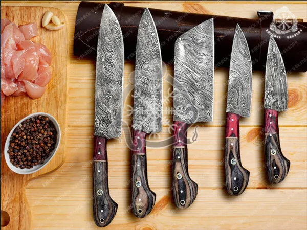 Damascus Chef Knife, Hand-Forged, Buffalo Horn Handle, Leather Sheath (RK-378) - view 2