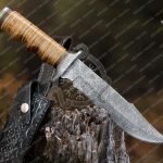 Damascus Bowie Knife — Hand-Forged, Stag Horn Handle, Leather Sheath
