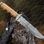Damascus Bowie Knife — Hand-Forged, Stag Horn Handle, Leather Sheath — Pattern 3