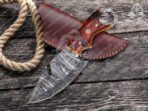 Damascus Gut Hook Hunting Knife — Hand-Forged, Stag Horn Handle, Leather Sheath - Image 2