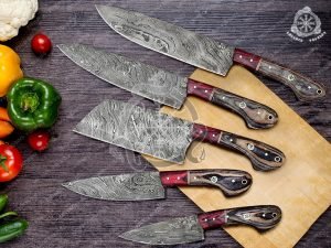 Damascus Chef Knife, Hand-Forged, Buffalo Horn Handle, Leather Sheath (RK-378)