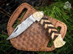 Damascus Folding Pocket Knife — Hand-Forged, Wood Handle, Leather Sheath - view 7