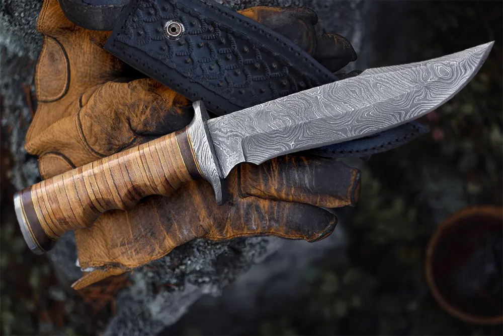 Damascus Bowie Knife — Hand-Forged, Stag Horn Handle, Leather Sheath - view 3