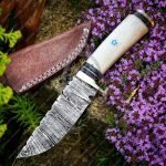 Damascus Skinner Knife — Hand-Forged, Stag Horn Handle, Leather Sheath (RK-386)