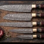 Hornsmith Hand Forged Damascus Chef Knife with Buffalo Horn and Pakka Wood Handle and Brass Bolster and Mosaic Pin & Leather Sheath | Chef and Kitchen Gift | RK-378