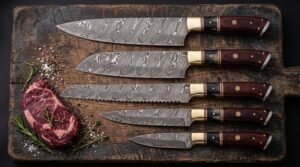 Five piece Damascus kitchen knife set with red wood and black horn handles laid on a dark wooden board beside a raw steak