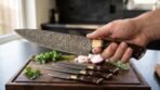 Hornsmith Hand Forged Damascus Chef Knife with Buffalo Horn and Pakka Wood Handle and Brass Bolster and Mosaic Pin & Leather Sheath | Chef and Kitchen Gift | RK-378 - Image 2