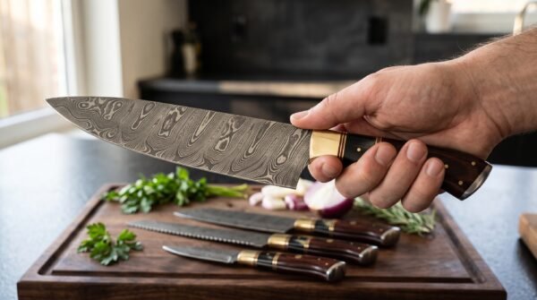 Damascus chef knife with horn and red wood handle held in hand over a cutting board with the rest of the kitchen set below
