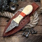 Damascus Skinner Knife — Hand-Forged, Stag Horn Handle, Leather Sheath (RK-387)