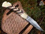 Damascus Folding Pocket Knife — Hand-Forged, Wood Handle, Leather Sheath - view 2