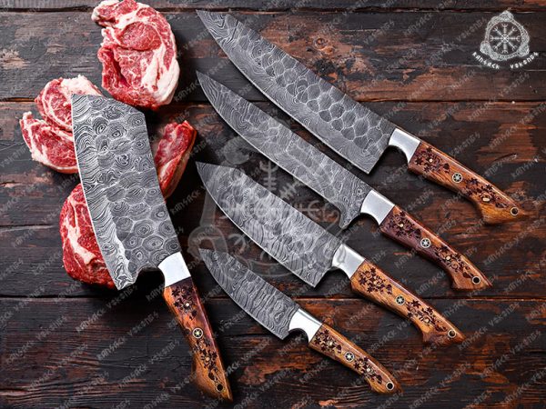 RK-379 Handmade Damascus Chef set ,Damascus steel Knife Set Damascus Chef Cooking knife Best Quality USA made