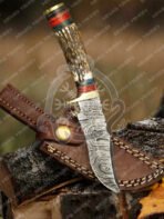 Damascus Hunting Knife — Hand-Forged, Stag Horn Handle, Leather Sheath (RK-384)