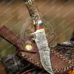 Damascus Hunting Knife — Hand-Forged, Stag Horn Handle, Leather Sheath (RK-384)