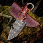 Damascus Gut Hook Hunting Knife — Hand-Forged, Stag Horn Handle, Leather Sheath