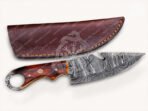 Damascus Gut Hook Hunting Knife — Hand-Forged, Stag Horn Handle, Leather Sheath - Image 4