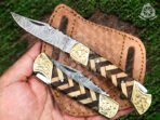 Damascus Folding Pocket Knife — Hand-Forged, Wood Handle, Leather Sheath