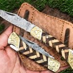 Damascus Folding Pocket Knife — Hand-Forged, Wood Handle, Leather Sheath