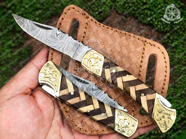 Damascus Folding Pocket Knife — Hand-Forged, Wood Handle, Leather Sheath