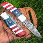 Damascus Folding Pocket Knife — Hand-Forged, Bone Handle, Leather Sheath