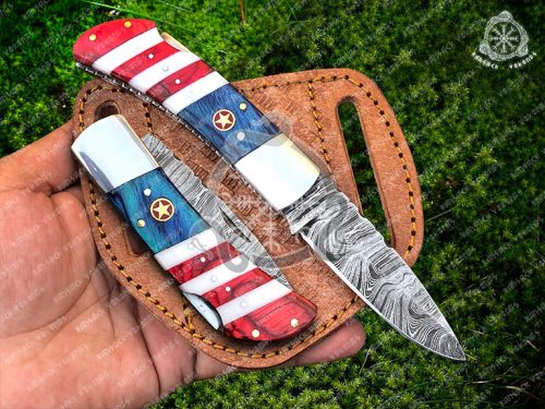 RK-381 American Flag Damascus Pocket Knife, USA Patriotic Damascus Folding Knife, Survival Pocket Knife for Men, Handmade Camping & Hunting Knife With Sheath
