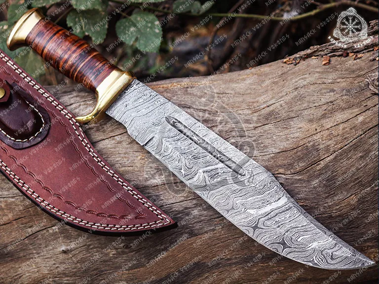 Damascus Bowie Knife — Hand-Forged, Buffalo Horn Handle, Leather Sheath - view 2