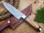 Damascus Chef Knife — Hand-Forged, Wood Handle, Leather Sheath | Engraving Available