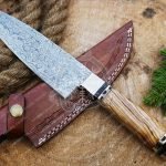 Damascus Chef Knife — Hand-Forged, Wood Handle, Leather Sheath | Engraving Available