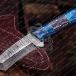 Damascus Skinner Knife — Hand-Forged, Wood Handle, Leather Sheath